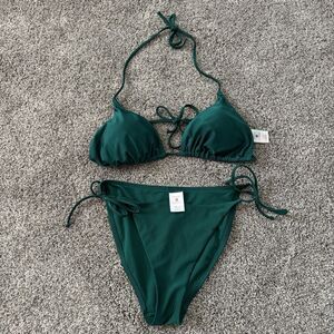 Shade & Shore Triangle Bikini Top XL & Tie Bikini Bottoms M Set Green Shine